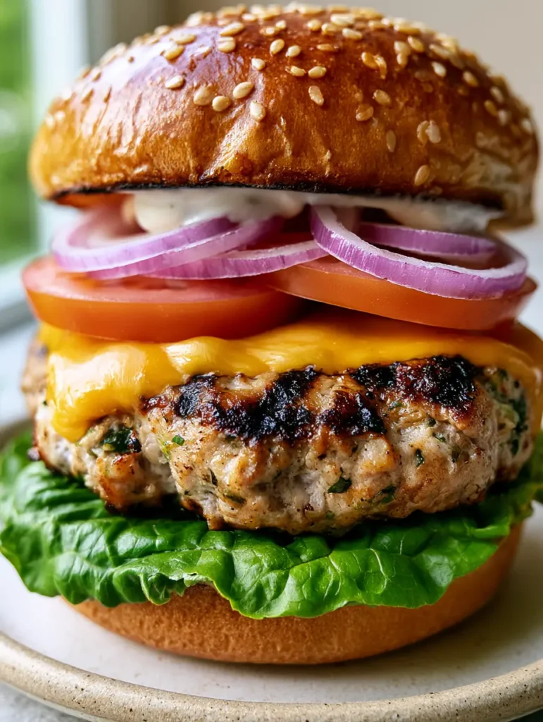 Putenburger Rezept: Saftig, würzig & in 20 Minuten auf dem Tisch 1 Seitenansicht eines fertig geschichteten Putenburgers mit frischem Salat, Tomaten und roten Zwiebeln.