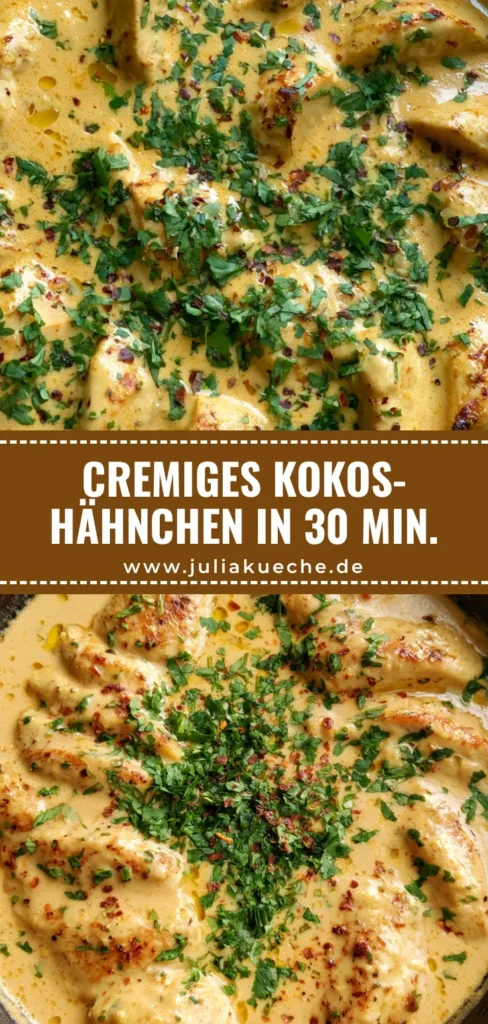 Draufsicht auf ein Kokos-Hähnchen Rezept in einer gusseisernen Pfanne mit cremiger gelber Sauce und Koriander.