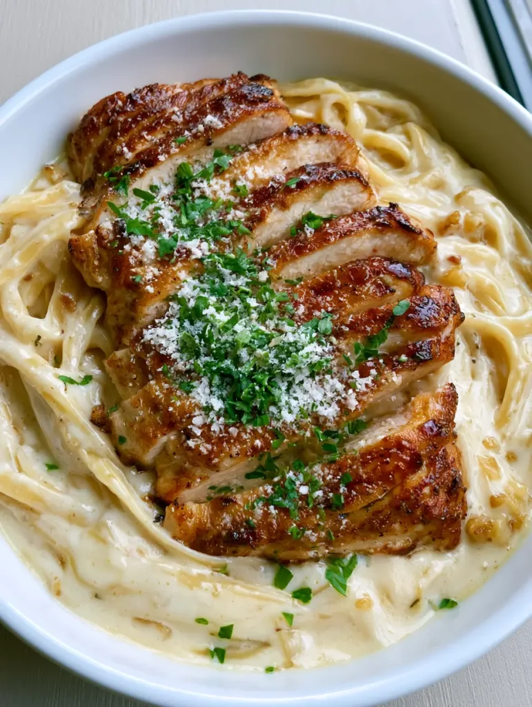 Knoblauch-Parmesan-Pasta mit Hähnchen: Das ultimative 20-Minuten-Dinner 1 Servierfertige Knoblauch-Parmesan-Pasta mit Hähnchen auf einem Holztisch.