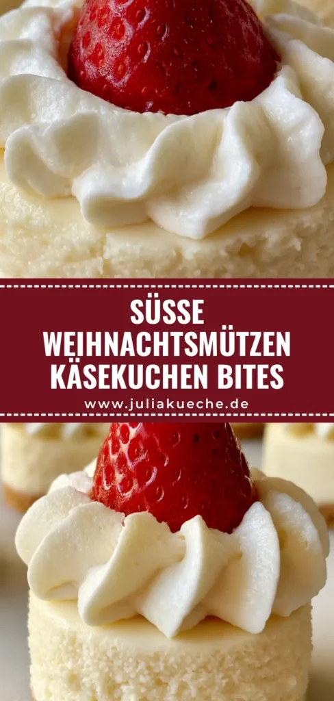 Weihnachtsmützen-Käsekuchen: Das süßeste Dessert für Deine Adventszeit 4 Mini Weihnachtsmützen-Käsekuchen mit weißer Sahne und roter Erdbeere auf einem goldenen Keksboden.