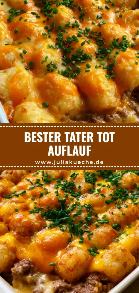 Tater Tot Auflauf: Das ultimative Rezept für knuspriges Comfort Food 4 Ein rechteckiger weißer Auflauf mit Tater Tot Auflauf, knusprigen Kartoffel-Bites, geschmolzenem gelben Cheddar und frischem Schnittlauch.