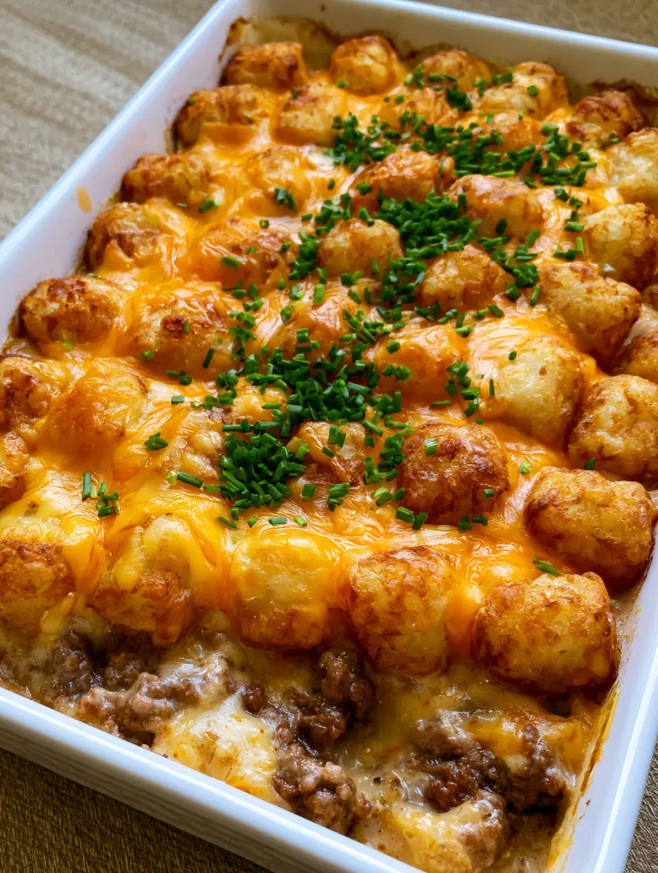 Tater Tot Auflauf: Das ultimative Rezept für knuspriges Comfort Food 3 Nahaufnahme eines Tater Tot Auflaufs mit goldbraunen Kartoffelstücken und geschmolzenem Käse in einer weißen Form.