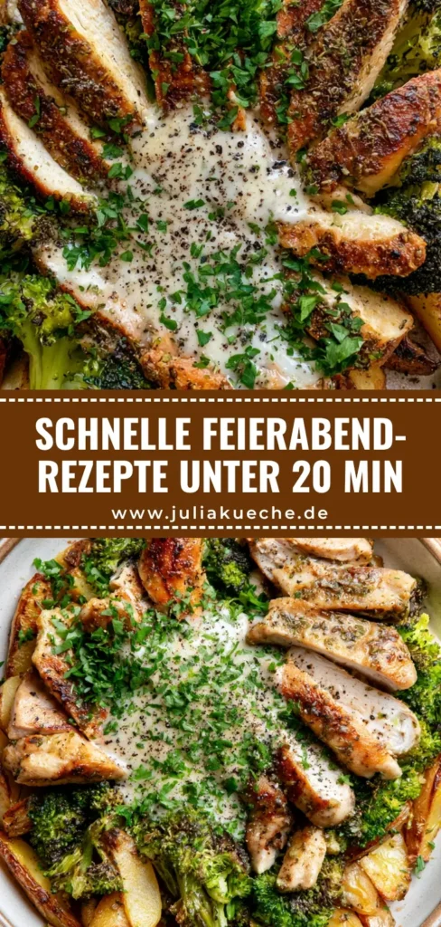 Einfache Abendessen Rezepte: Zitronen-Knoblauch-Hähnchen mit Röstkartoffeln 4 Ein Teller mit goldbraunem Hähnchen, Röstkartoffeln und Brokkoli mit Zitronen-Knoblauch-Sauce. (Einfache Abendessen Rezepte)