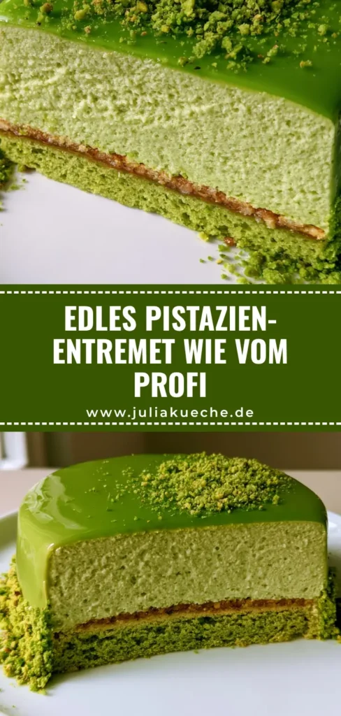 Pistazien Entremet: Das ultimative Rezept für französische Patisserie-Eleganz 4 Ein Anschnitt eines runden Pistazien Entremets auf einem weißen Teller, das die Schichten aus grünem Biskuit, Knusperschicht und Mousse unter einer glänzenden Glasur zeigt.