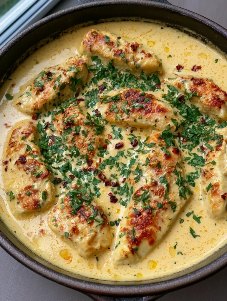Pfannengericht mit Hähnchen, Kokosmilch und roten Chiliflocken garniert.