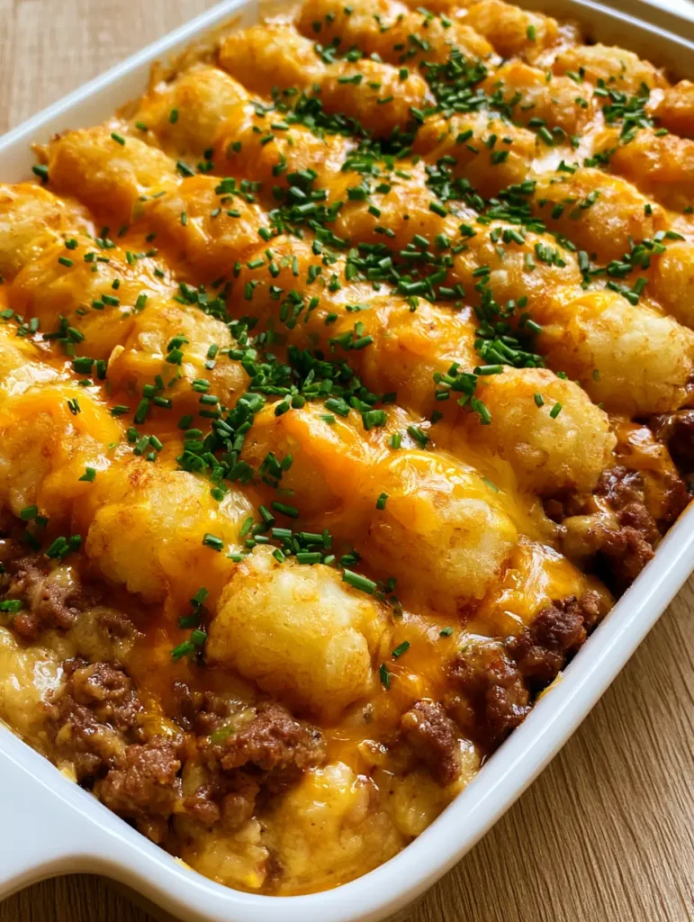 Tater Tot Auflauf: Das ultimative Rezept für knuspriges Comfort Food 1 Tater Tot Auflauf mit viel Käse und Schnittlauch Garnitur auf einem Holztisch.