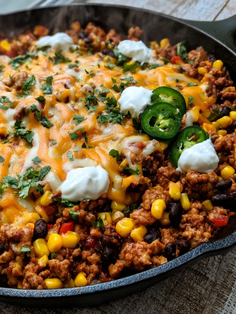 Puten-Taco-Pfanne: Das schnelle 30-Minuten-Rezept für die ganze Familie 2 Nahaufnahme einer Puten-Taco-Pfanne mit Putenhackfleisch, Mais, Bohnen und geschmolzenem Cheddar in einer Pfanne.