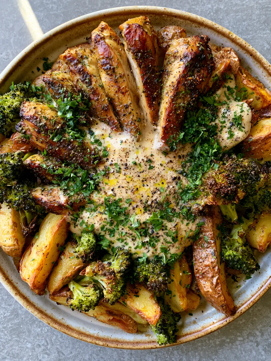 Einfache Abendessen Rezepte: Zitronen-Knoblauch-Hähnchen mit Röstkartoffeln 3 Draufsicht auf ein rustikales Gericht mit Hähnchenstreifen, Kartoffeln und Brokkoli. (Einfache Abendessen Rezepte)