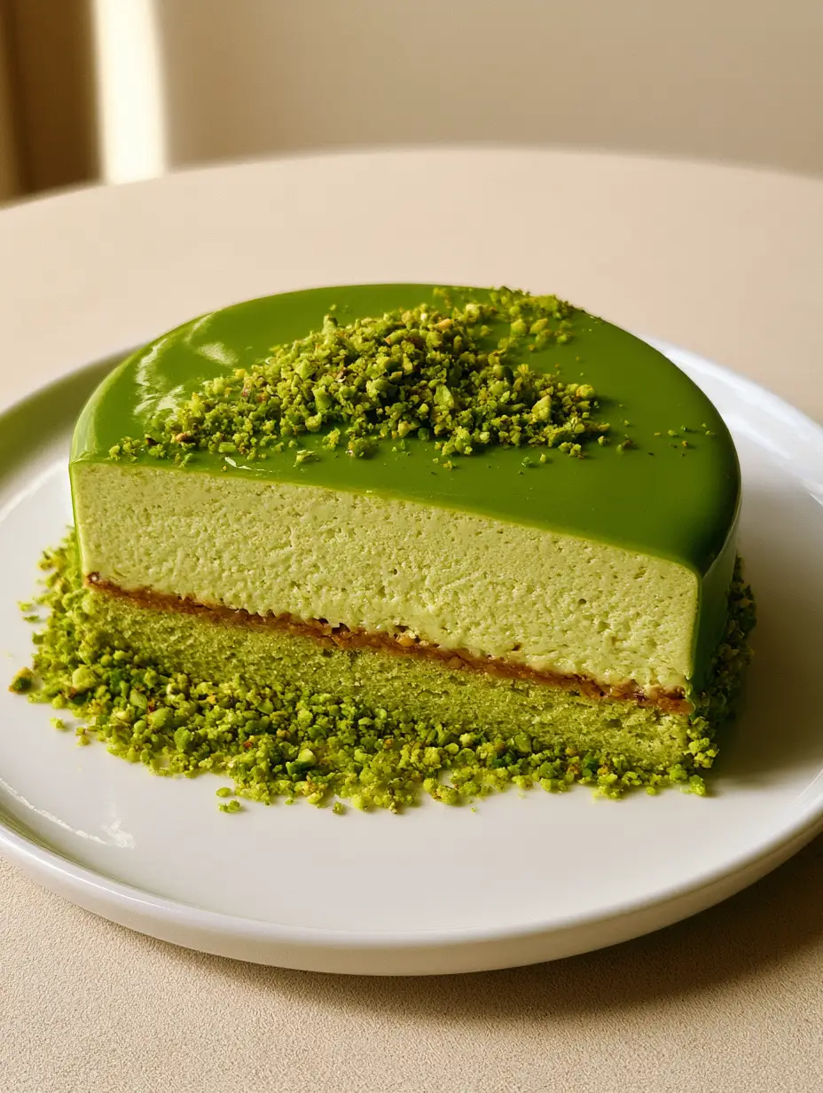 Pistazien Entremet: Das ultimative Rezept für französische Patisserie-Eleganz 3 Nahaufnahme eines Pistazien Entremet Stücks auf einem weißen Keramikteller vor neutralem Hintergrund.