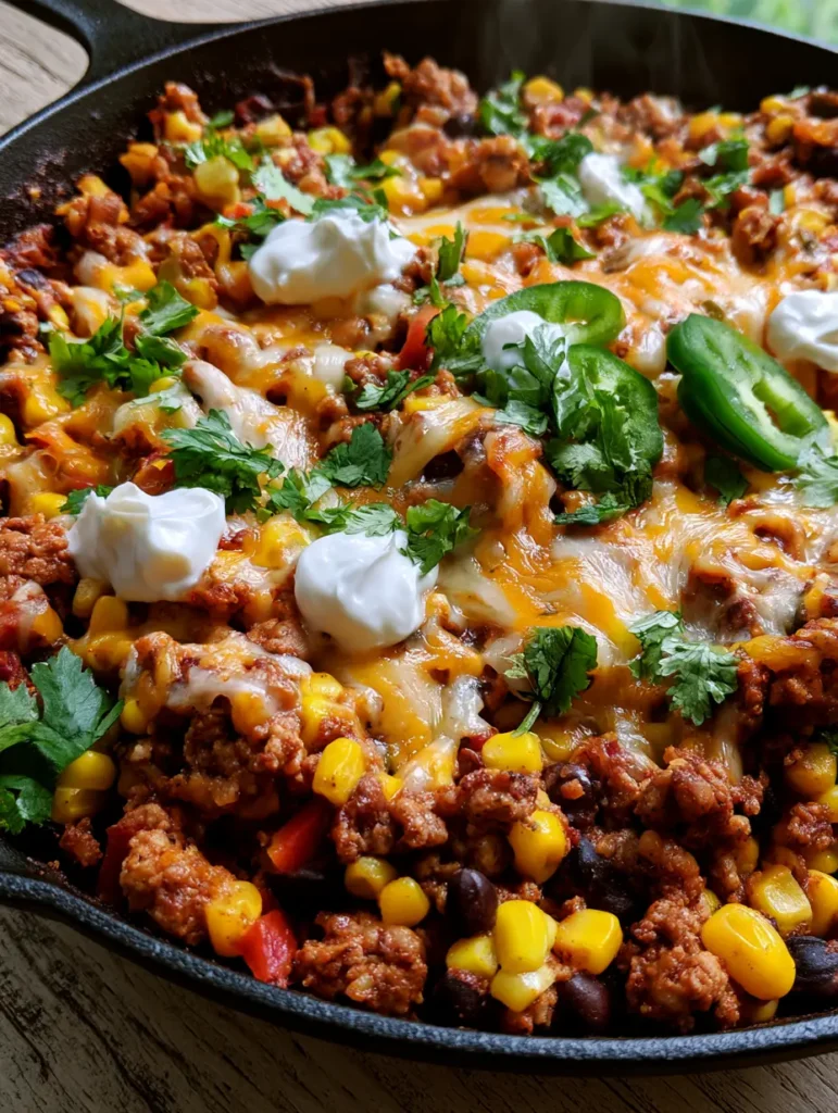 Puten-Taco-Pfanne: Das schnelle 30-Minuten-Rezept für die ganze Familie 1 Dampfende Puten-Taco-Pfanne direkt nach dem Käseschmelzen mit Jalapeños und frischen Kräutern dekoriert.