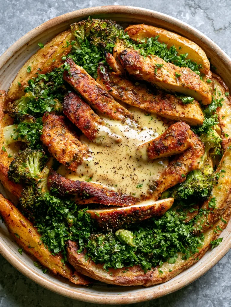 Einfache Abendessen Rezepte: Zitronen-Knoblauch-Hähnchen mit Röstkartoffeln 1 Saftiges Hähnchen in cremiger Zitronensauce serviert mit Röstgemüse.