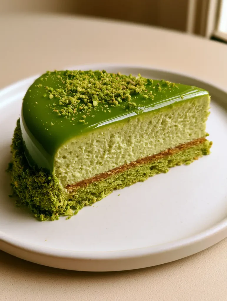 Pistazien Entremet: Das ultimative Rezept für französische Patisserie-Eleganz 1 Ein Pistazien Entremet mit fein gehackten gerösteten Pistazien am Rand und auf der Oberseite.