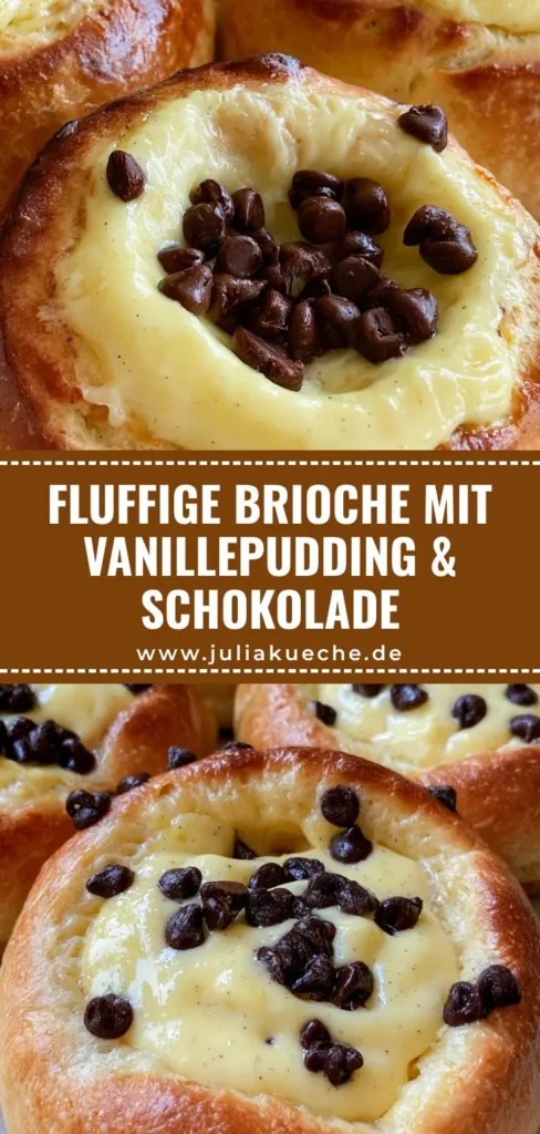 Mehrere goldbraune Brioche-Buns mit einer dicken Füllung aus Vanillepudding und dunklen Schokodrops auf einer neutralen Oberfläche.