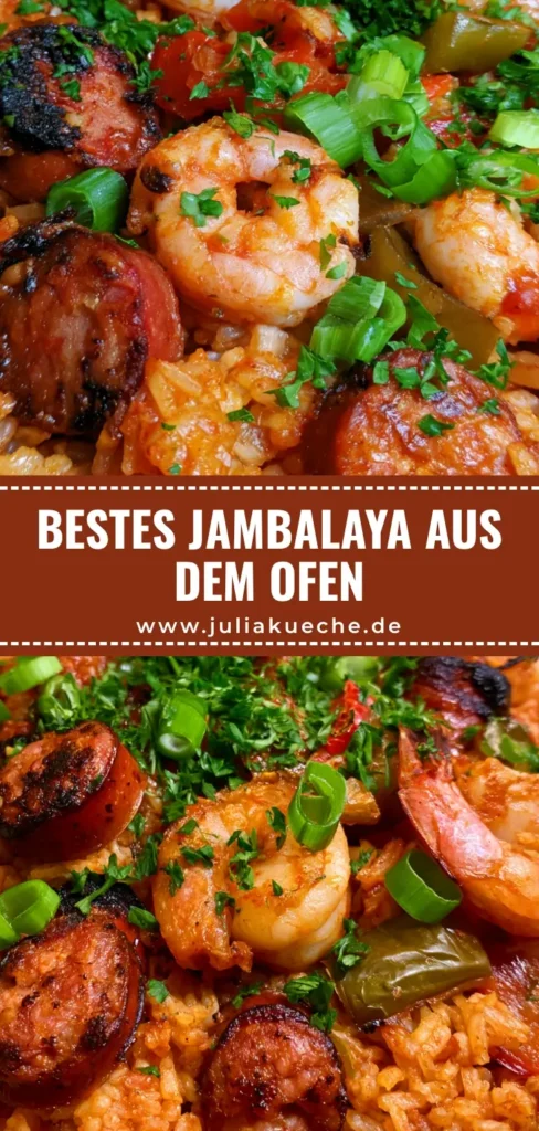 Draufsicht auf ein rauchiges Ofen-Jambalaya in einer schwarzen gusseisernen Pfanne mit Garnelen und Andouille-Wurst. (Jambalaya Rezept)