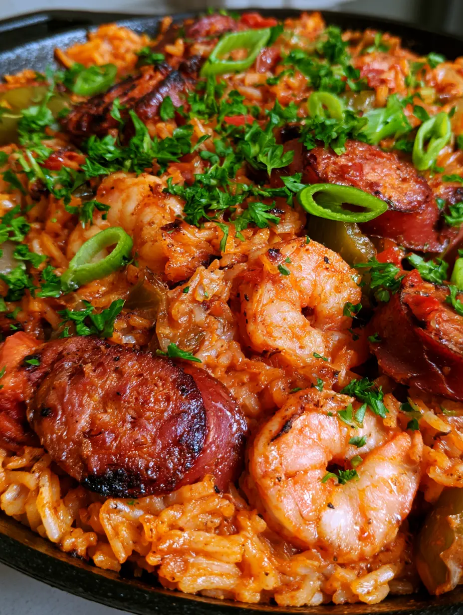 Nahaufnahme von Jambalaya Reis mit gebratenen Garnelen und Paprikastücken in einer Pfanne. (Jambalaya Rezept)