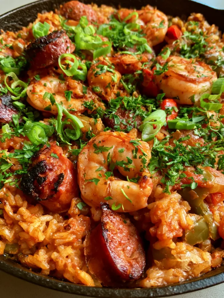 Rustikale gusseiserne Pfanne mit Jambalaya, garniert mit frischer Petersilie und Frühlingszwiebeln.