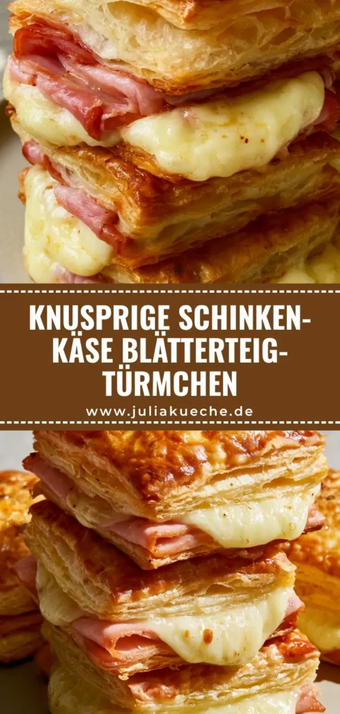 Drei hochgestapelte Blätterteig-Türmchen mit geschmolzenem Käse und Schinken auf einem Keramikteller.