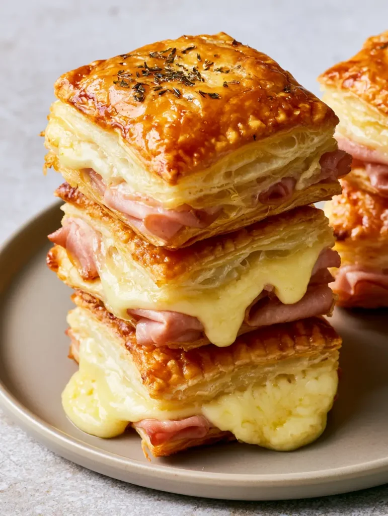 Nahaufnahme von Blätterteig-Türmchen mit goldbraunen Schichten und herauslaufendem Käse.