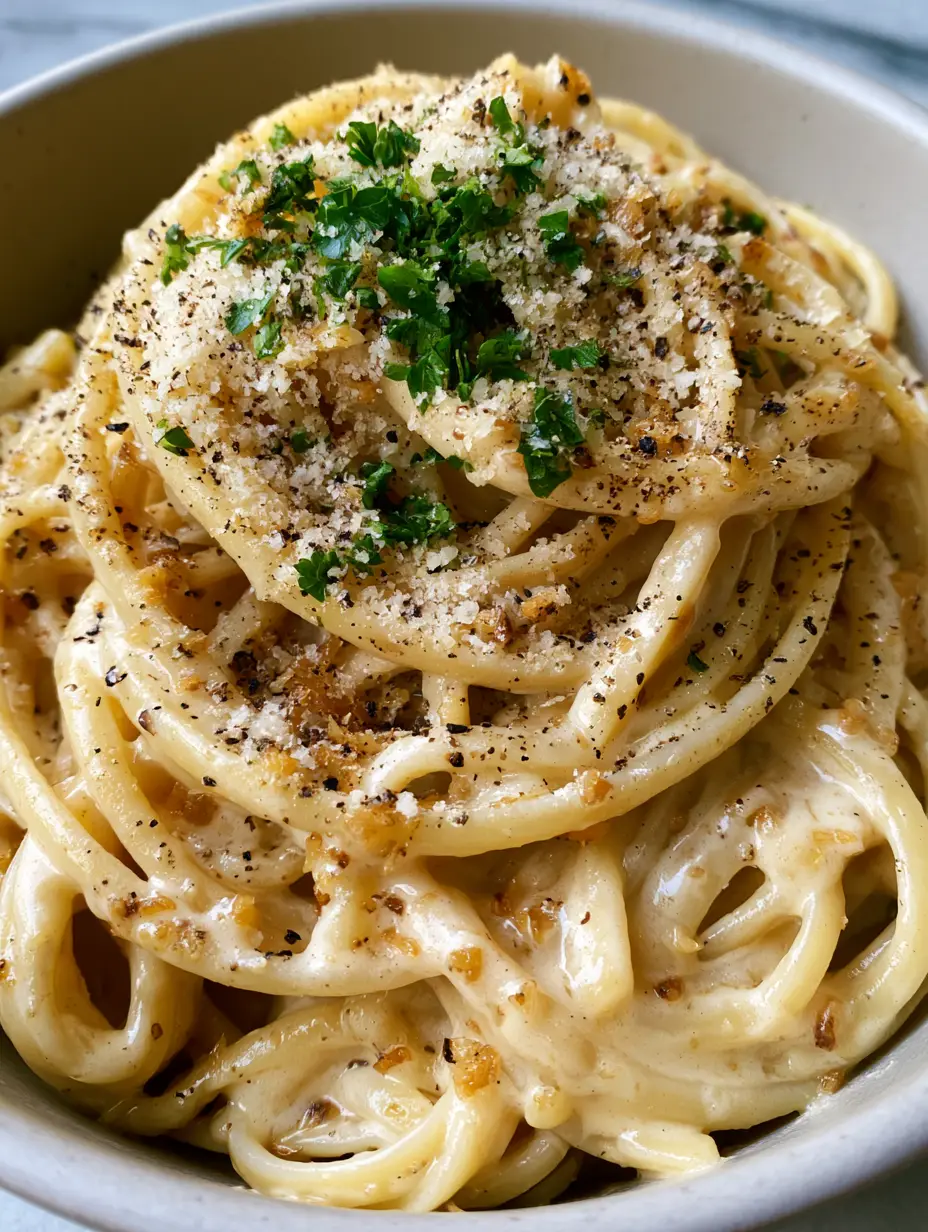 One Pot Knoblauch Pasta: Das cremigste 15-Minuten-Rezept für Feierabend-Helden 3 Nahaufnahme von cremigen Linguine in einer weißen Knoblauchsauce mit goldbraunem Knoblauch.