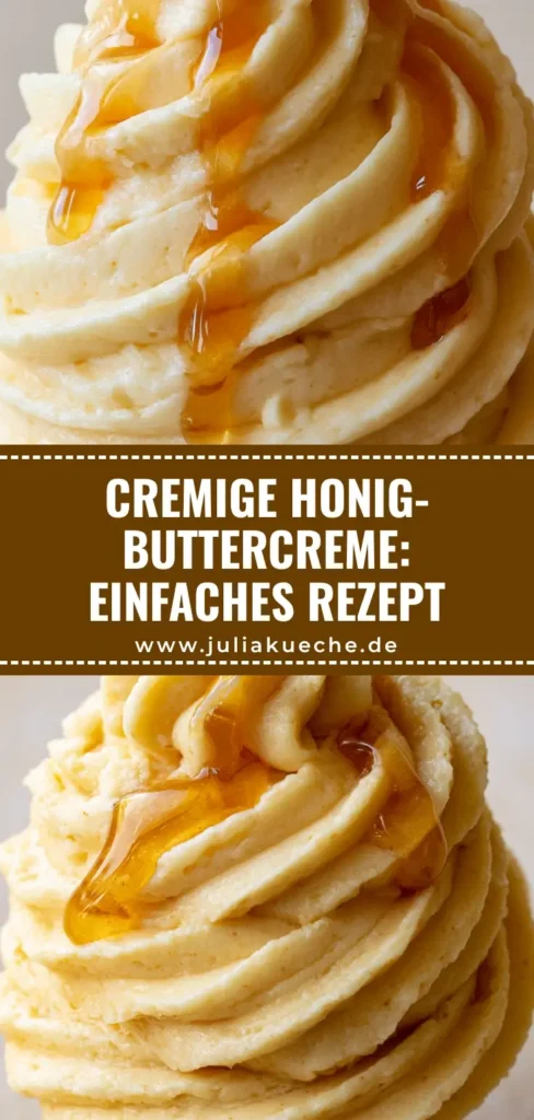 Ein rustikaler Holzlöffel mit einem perfekten Swirl aus cremiger Honig-Buttercreme, überzogen mit glänzendem, bernsteinfarbenem Honig.