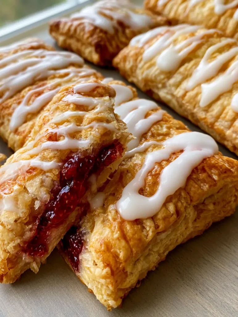 Ein aufgeschnittener hausgemachter Toaster Strudel zeigt die glänzende rote Erdbeerfüllung im Inneren.