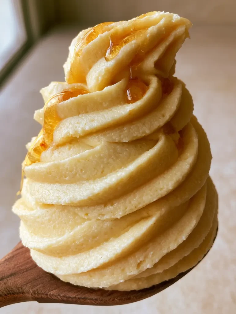 Makroaufnahme einer seidigen Honig-Buttercreme mit goldenem Honig-Drizzle.