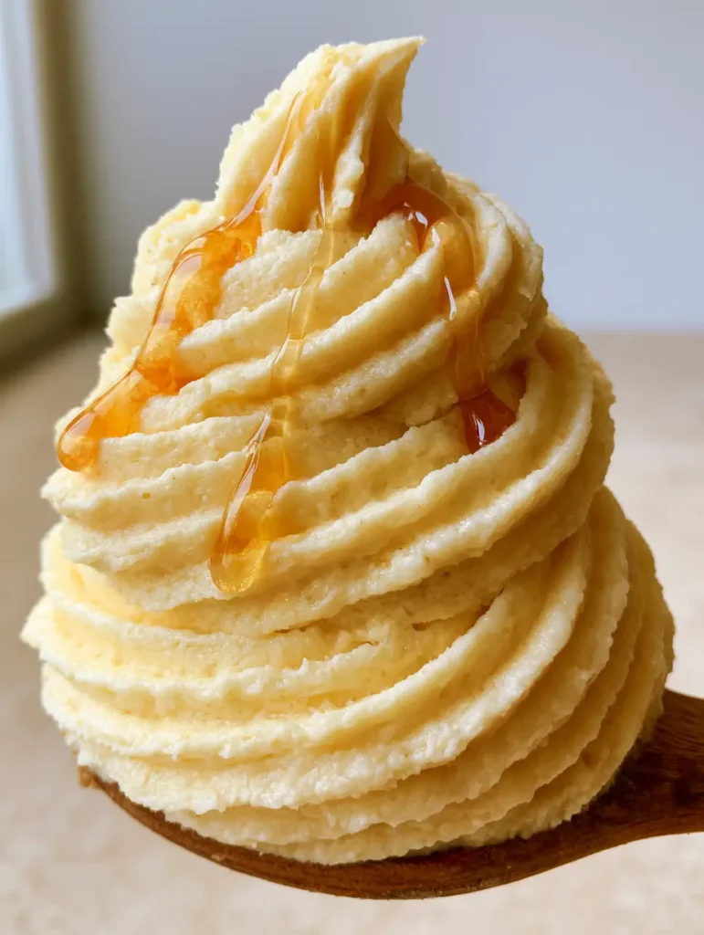 Detailansicht der aufgeschlagenen Honig-Buttercreme in einer Schüssel.