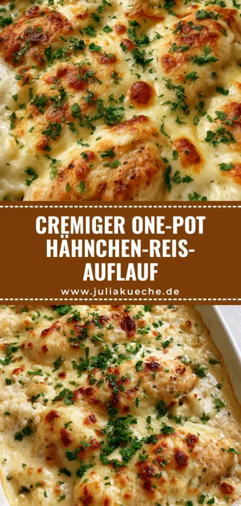Hähnchen-Reis-Auflauf: Das ultimative cremige Rezept für die ganze Familie 4 Draufsicht auf einen cremigen Hähnchen-Reis-Auflauf in einer weißen Form mit geschmolzenem Mozzarella und frischer Petersilie.