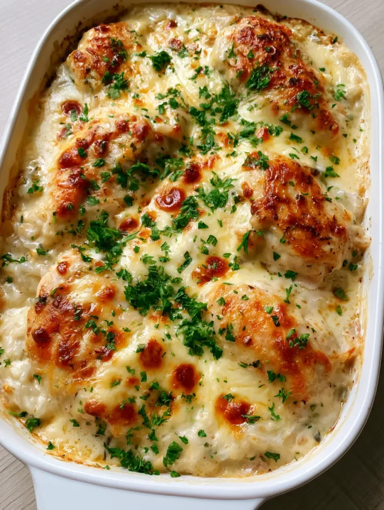 Hähnchen-Reis-Auflauf: Das ultimative cremige Rezept für die ganze Familie 2 Nahaufnahme von Hähnchen-Reis-Auflauf mit goldbraunem Käse und Petersilie in einer weißen Keramikform.