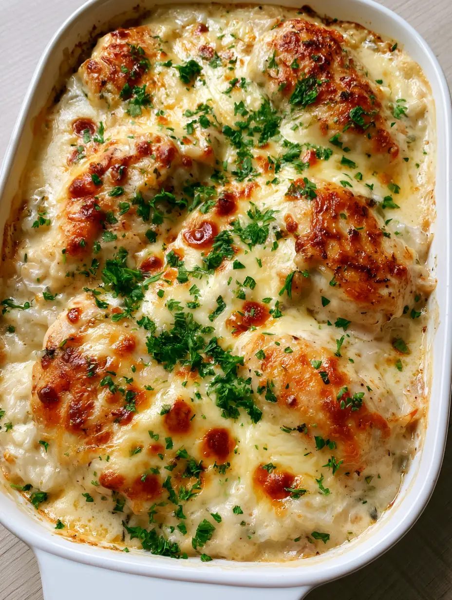 Hähnchen-Reis-Auflauf: Das ultimative cremige Rezept für die ganze Familie 3 Nahaufnahme von Hähnchen-Reis-Auflauf mit goldbraunem Käse und Petersilie in einer weißen Keramikform.
