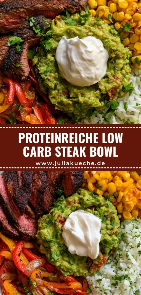 Steak Fajita Bowl: Das ultimative Rezept für gesundes Meal Prep 3 Draufsicht auf eine Steak Fajita Bowl mit medium-rare Flank Steak, Paprika, Mais, Reis und Guacamole in einer runden Schüssel.