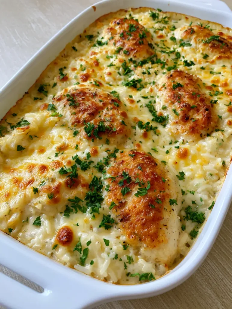 Hähnchen-Reis-Auflauf: Das ultimative cremige Rezept für die ganze Familie 1 Hähnchen-Reis-Auflauf servierfertig in einer Auflaufform auf einer hellen Holzarbeitsplatte.