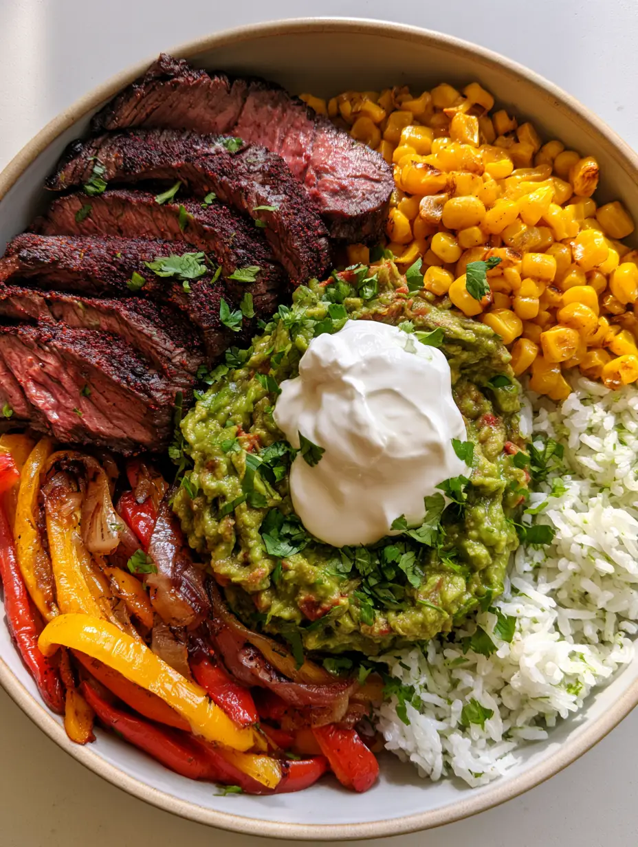 Steak Fajita Bowl: Das ultimative Rezept für gesundes Meal Prep 4 Nahaufnahme einer Steak Fajita Bowl mit gegrilltem Flank Steak Streifen, geröstetem Mais und cremigem Sauerrahm.