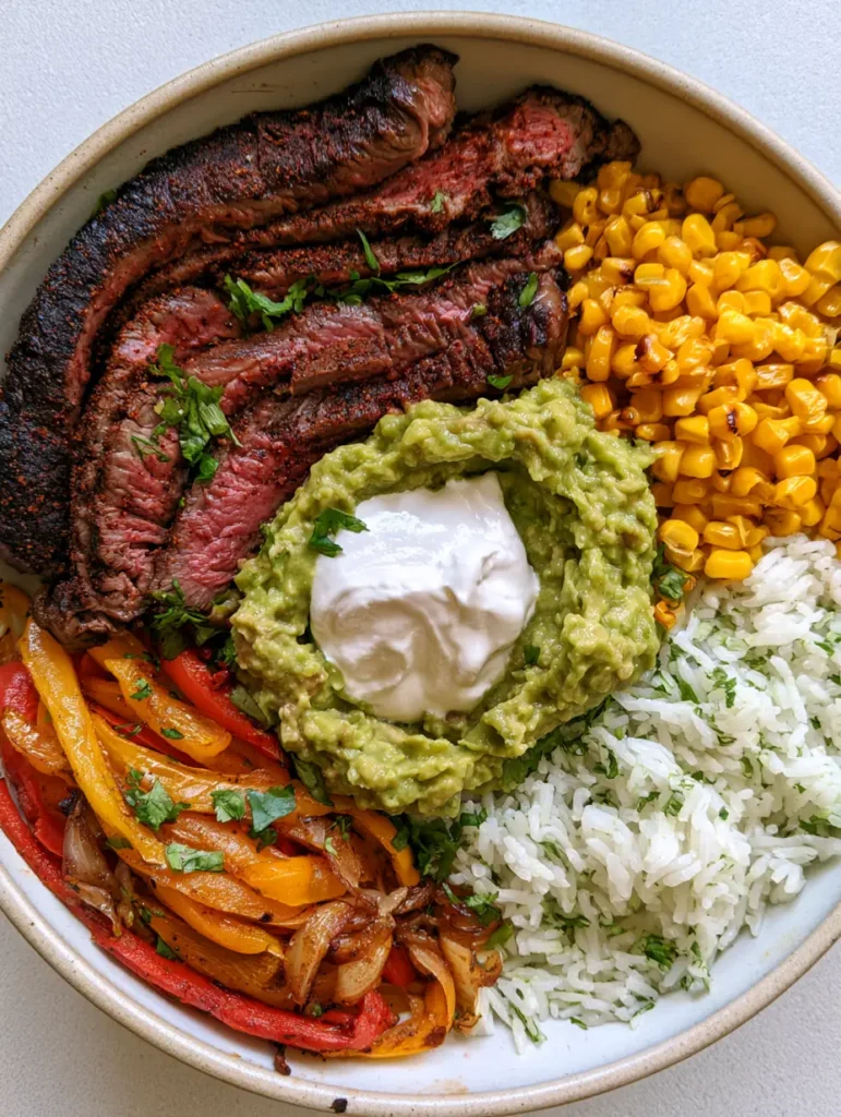 Steak Fajita Bowl: Das ultimative Rezept für gesundes Meal Prep 1 Bunte Steak Fajita Bowl mit karamellisierten Paprikastreifen und grünem Koriander-Reis.