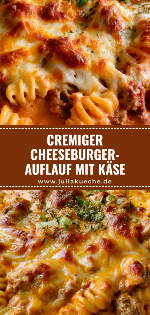 Nahaufnahme eines cremigen Cheeseburger Auflaufs mit Rotini Nudeln, Hackfleisch und geschmolzenem Cheddar in einer weißen Form.