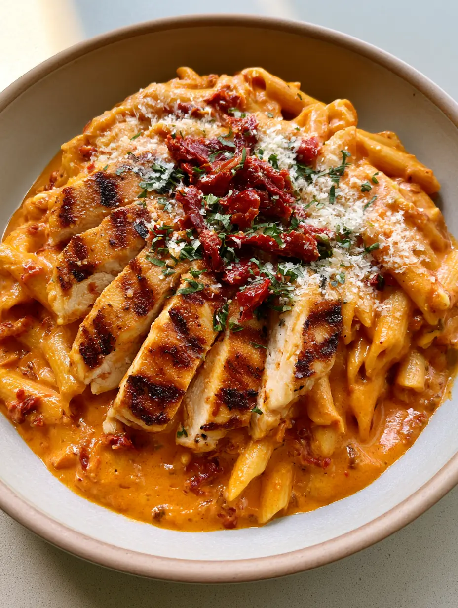 Ein flacher Teller mit Marry Me Chicken Pasta, die Penne sind mit einer dicken orangeroten Sauce überzogen, getoppt mit Hähnchenstreifen und Basilikum.