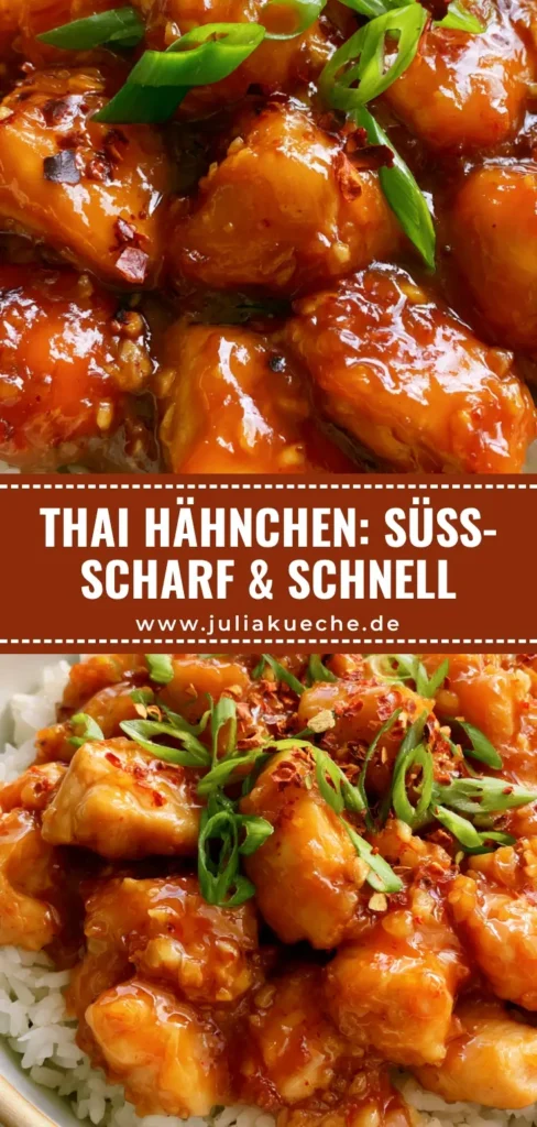 Eine Schüssel mit weißem Jasminreis, getoppt mit glänzendem Thai Hähnchen süß-scharf, garniert mit Frühlingszwiebeln und Chiliflocken.