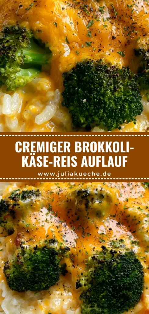 Brokkoli-Reis-Auflauf: Der ultimative Guide für cremigen Genuss mit goldbraunem Cheddar 4 Draufsicht auf einen cremigen Brokkoli-Reis-Auflauf mit geschmolzenem Cheddar in einer weißen Form.