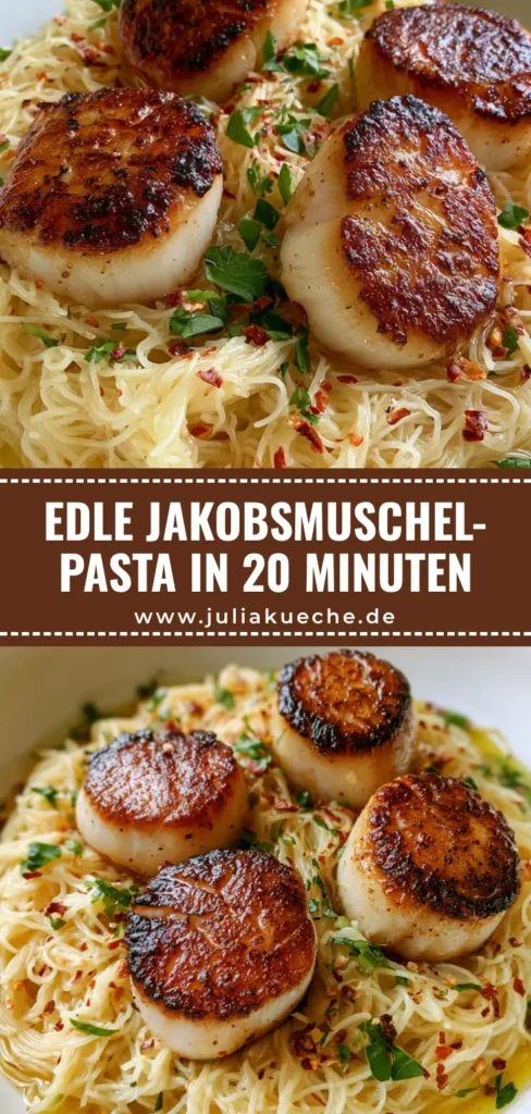 Jakobsmuscheln mit Pasta in Zitronen-Knoblauch-Butter 4 Eine Schale mit Jakobsmuscheln mit Pasta in einer glänzenden Zitronen-Knoblauch-Sauce, garniert mit Petersilie.
