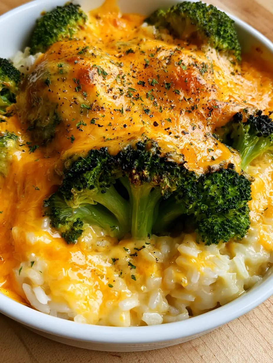 Brokkoli-Reis-Auflauf: Der ultimative Guide für cremigen Genuss mit goldbraunem Cheddar 3 Nahaufnahme von Brokkoli-Reis-Auflauf mit leuchtend grünen Brokkoliröschen und dicker Käsesauce.