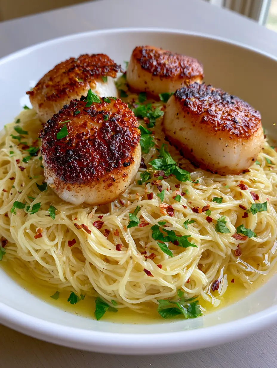 Jakobsmuscheln mit Pasta in Zitronen-Knoblauch-Butter 3 Nahaufnahme von scharf angebratenen Jakobsmuscheln auf einem Bett aus dünnen Capellini Nudeln.