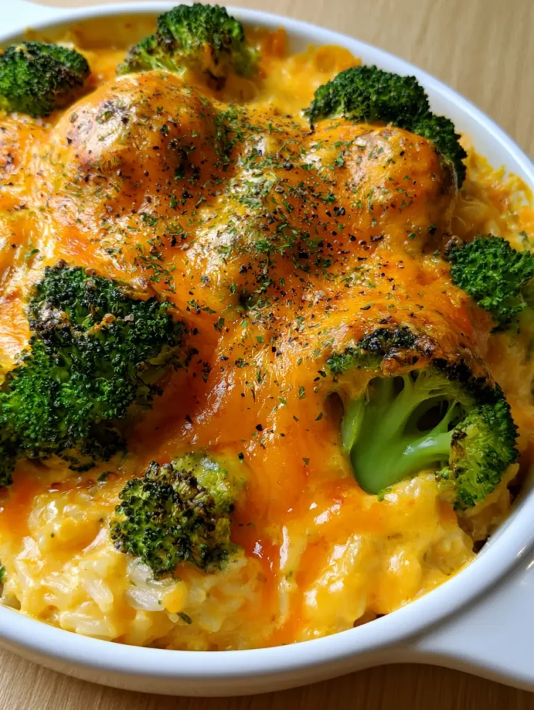 Brokkoli-Reis-Auflauf: Der ultimative Guide für cremigen Genuss mit goldbraunem Cheddar 1 Brokkoli-Reis-Auflauf in einer Keramikform auf einem Holztisch, bereit zum Servieren.