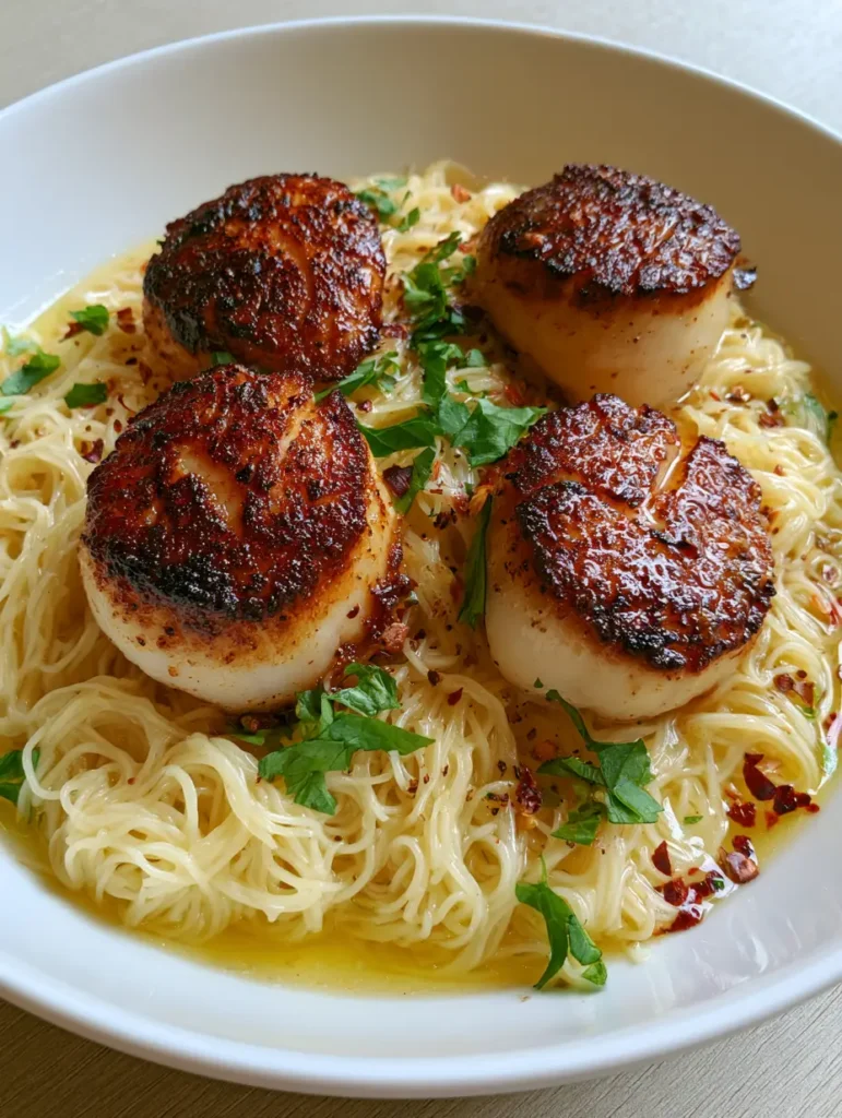 Jakobsmuscheln mit Pasta in Zitronen-Knoblauch-Butter 1 Servierfertige Jakobsmuscheln mit Pasta in einer weißen Schale auf einem Holztisch.