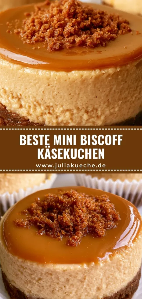 Draufsicht auf Mini Biscoff Käsekuchen ohne Backen in weißen Papierförmchen mit glänzendem Karamell-Topping und Keksbröseln.