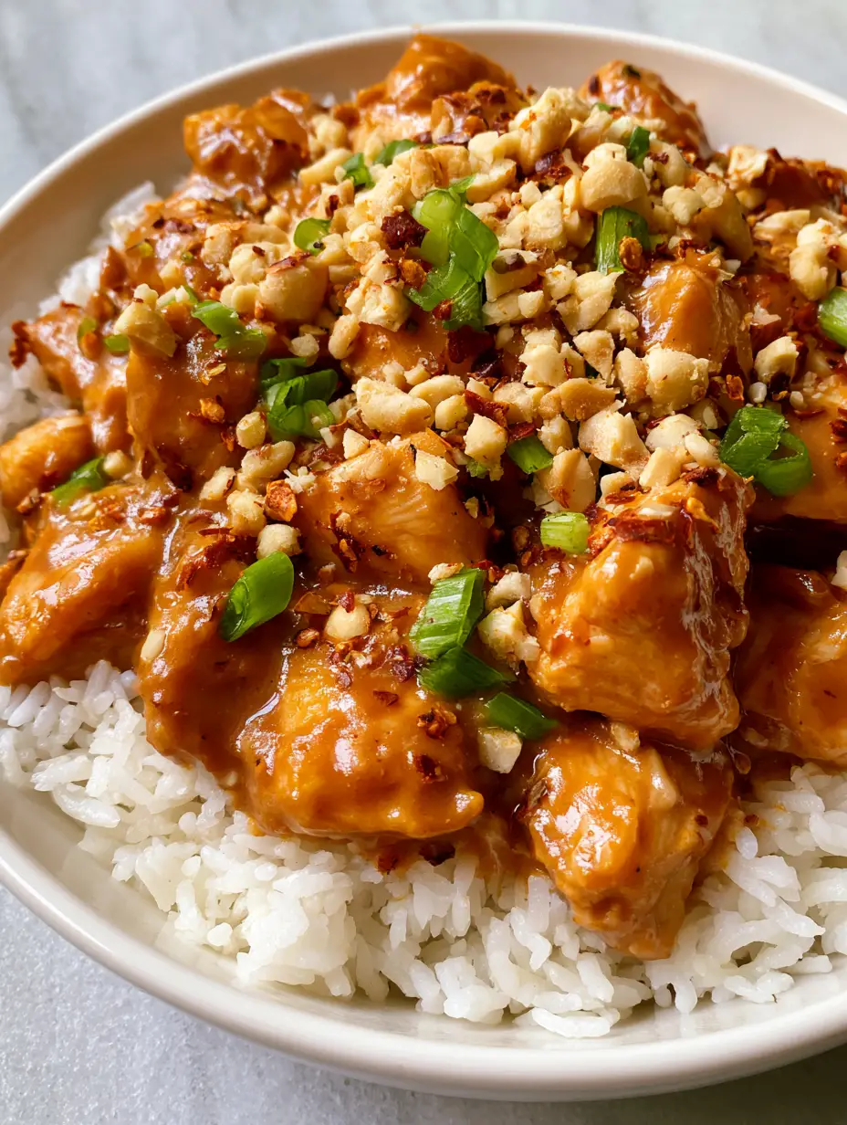 Slow Cooker Erdnuss-Hähnchen: Das ultimative Rezept für cremigen Genuss 4 Zarte Hähnchenstücke in einer dicken, hellbraunen Erdnusssauce, perfekt angerichtet.