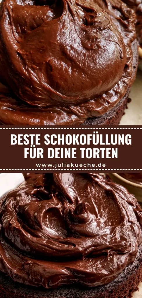 Eine glänzende dunkle Schokoladen-Tortenfüllung wird mit einer silbernen Winkelpalette auf einen saftigen Schokoboden gestrichen.