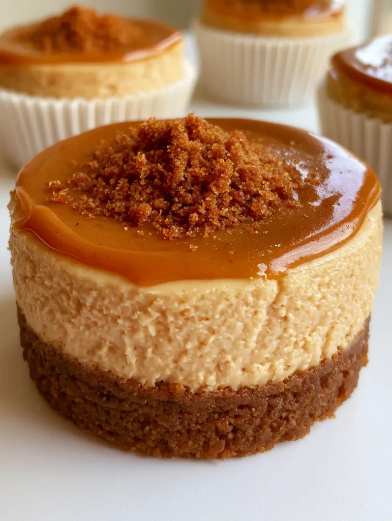 Mini No-Bake Biscoff Cheesecakes auf einem Tisch mit weichem Tageslicht.