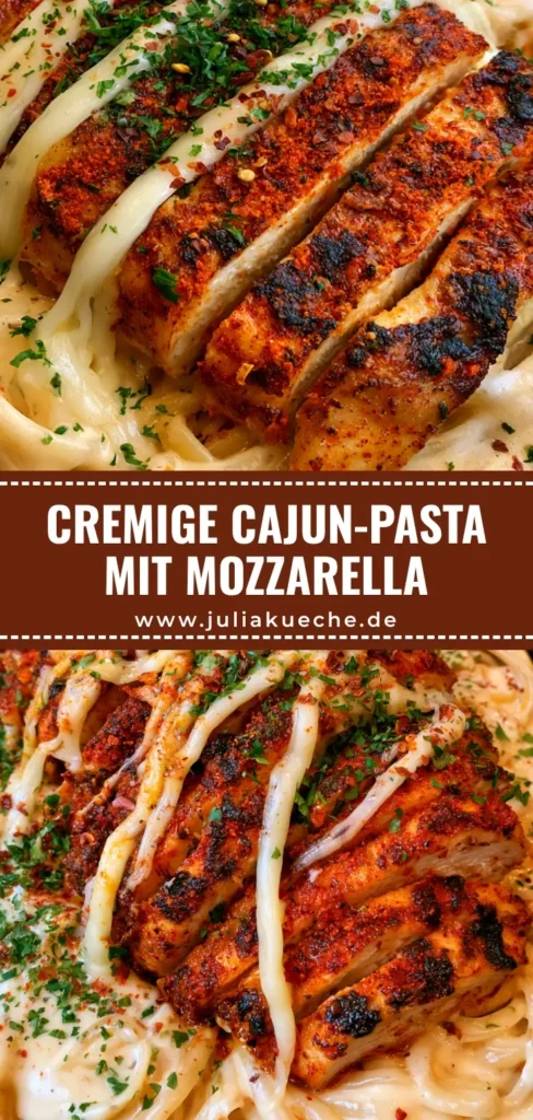 Cajun Hähnchen Pasta: Das ultimative Rezept für cremigen Genuss 4 Nahaufnahme von Cajun Hähnchen Pasta mit cremiger Mozzarella-Knoblauch-Sauce und scharf angebratenen Hähnchenstreifen in einer Pfanne.
