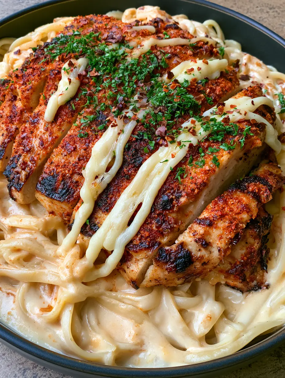 Cajun Hähnchen Pasta: Das ultimative Rezept für cremigen Genuss 3 Eine Pfanne voller Linguine in weißer Knoblauchsauce, getoppt mit dunkel gewürztem Cajun-Hähnchen und frischer Petersilie.