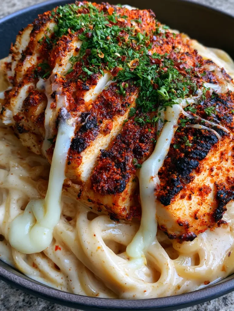 Cajun Hähnchen Pasta: Das ultimative Rezept für cremigen Genuss 1 Detaillierte Ansicht der Cajun Hähnchen Pasta mit geschmolzenen Mozzarella-Fäden und Chiliflocken-Garnitur.